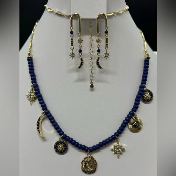 Rachel Roy Manifest Gold Plated Navy Beaded Moon/Stars Crystal Dangle Neck & Ear - Picture 1 of 14